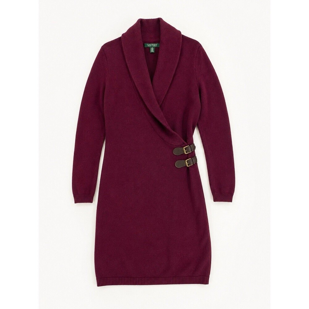 Lauren Ralph Lauren Burgundy Shawl Collar Sweater Wrap Dress Leather Buckle Knit